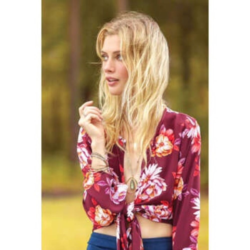 Abbeline Floral Tie Front Bell Sleeve Top/Blouse